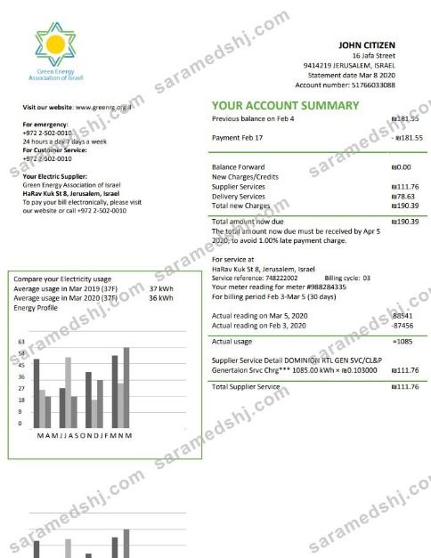 Israel Green Energy Association of Israel utility bill template in Word and PDF format (doc)